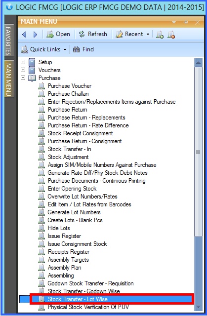 fmcg stock transfer lot wise menu